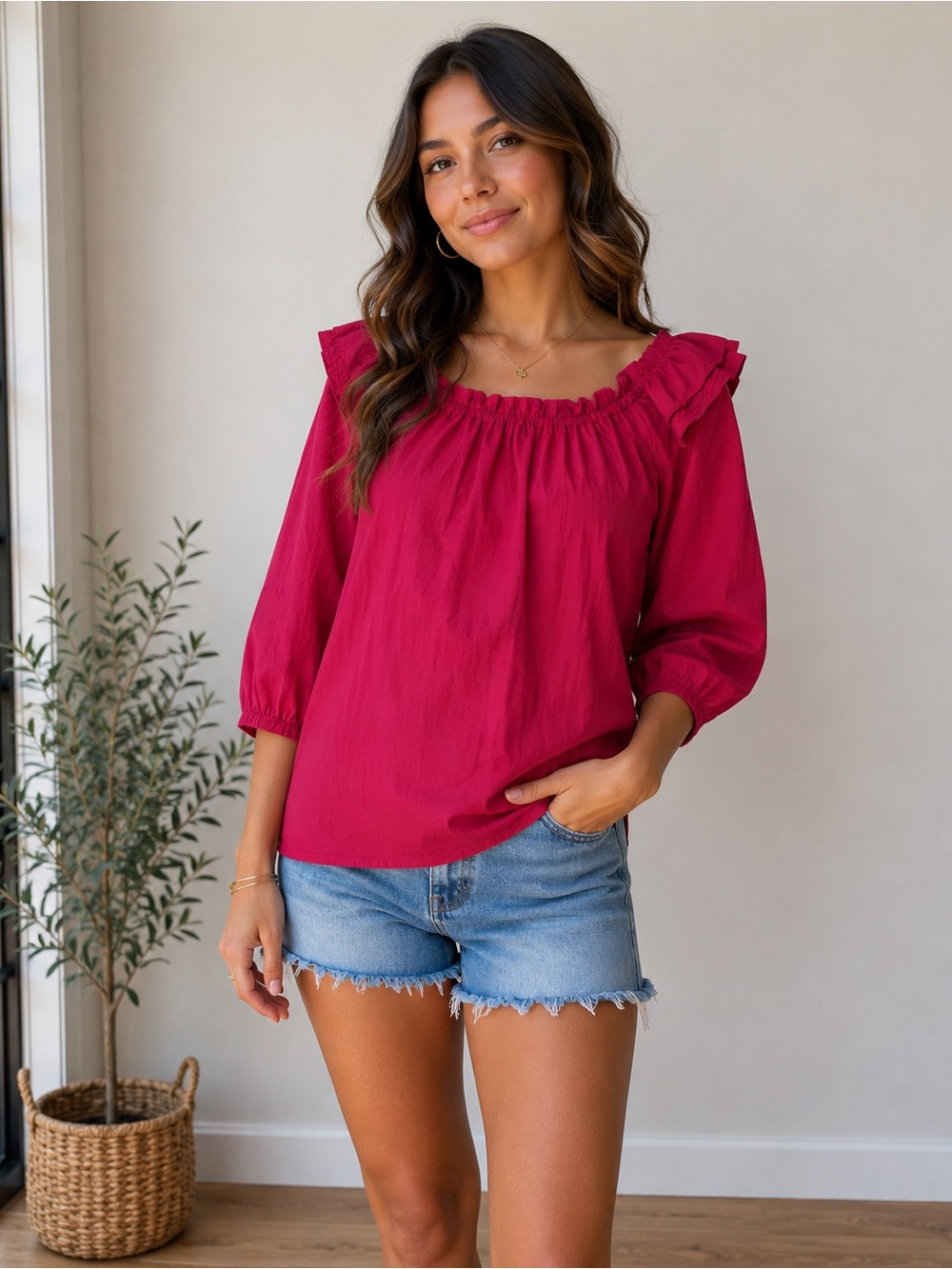 LOFT Hot Pink Ruffle Trim Peasant Blouse Size Large 100% Cotton Tie Back